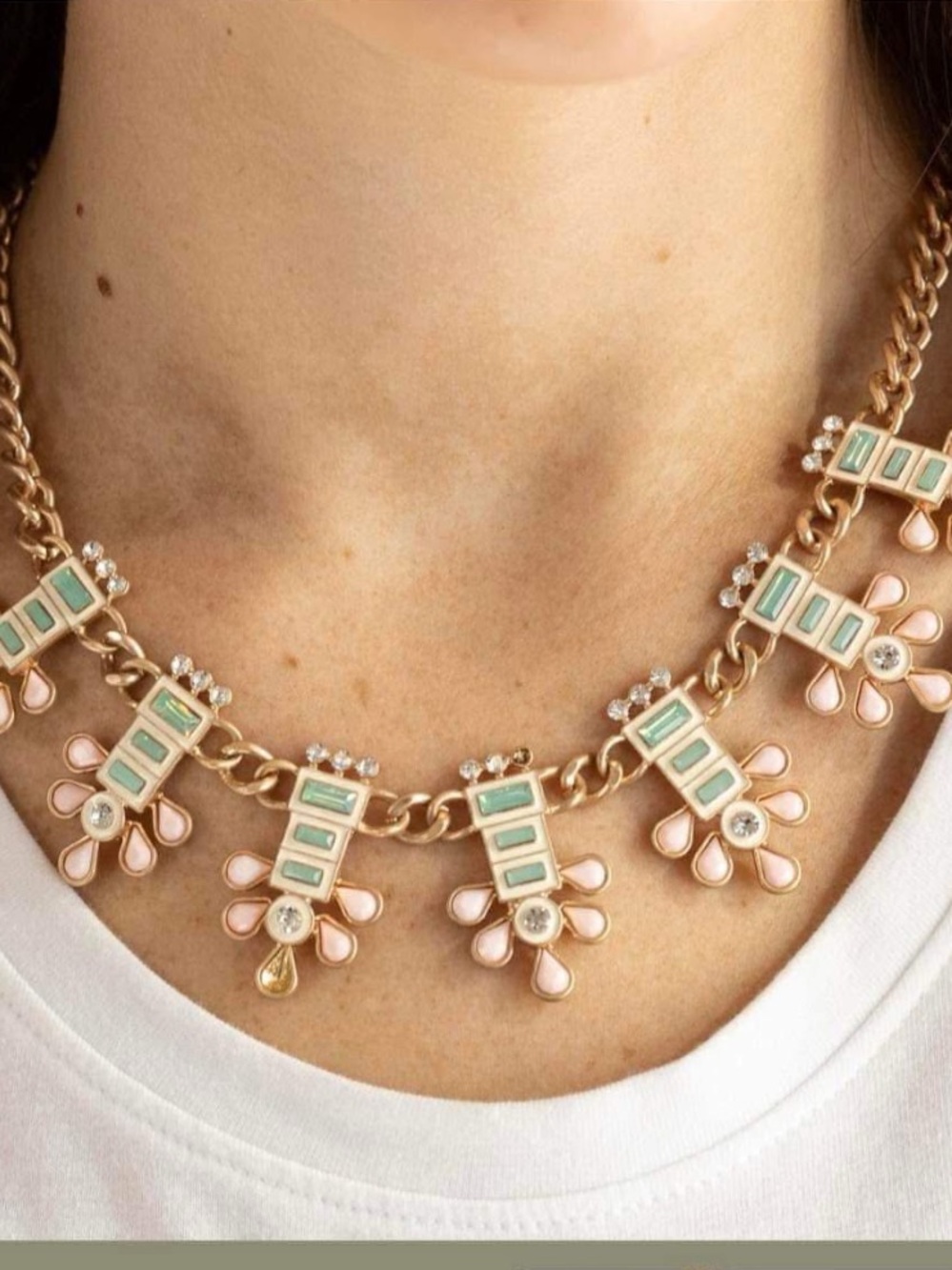 Gold-Tone Floral Statement Necklace with Mint Accents Plunder